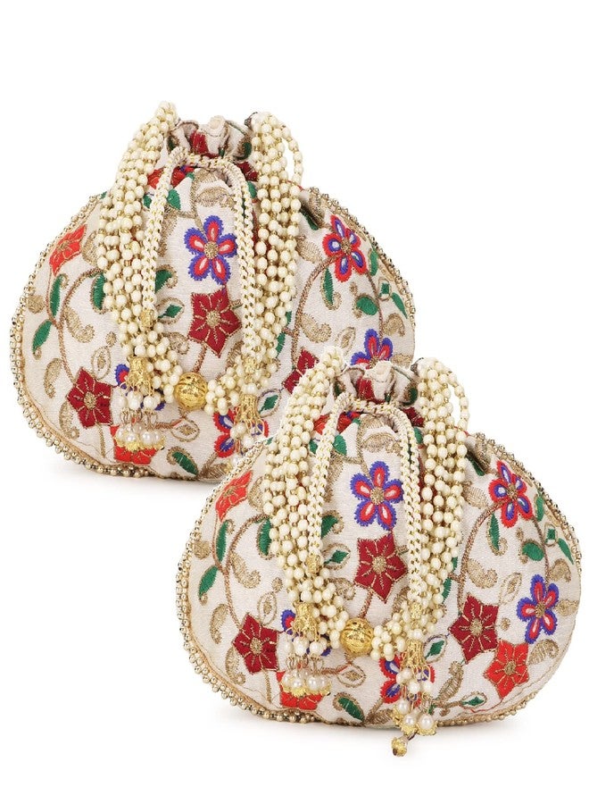 Anekaant Dangle Cream & Multi Floral Embroidered Faux Silk Potlis Combo (Pack of 2) ADCL1130AS2 - Image 1